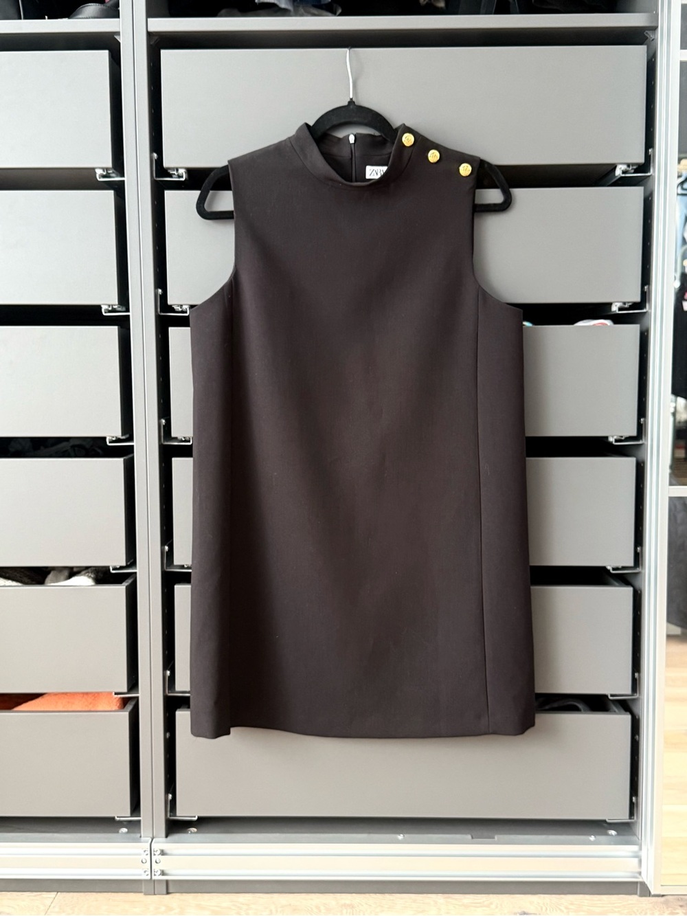 ZARA Sleeveless Black Shift Dress with Gold Button Detail